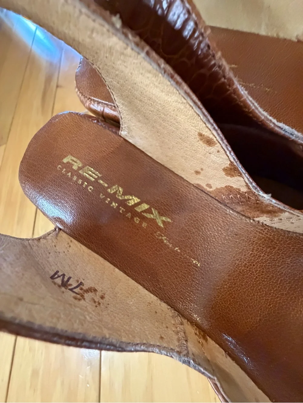 Re-Mix Women's Brown Croc-Embossed Leather Wedge Slingback Peep-Toe Shoe